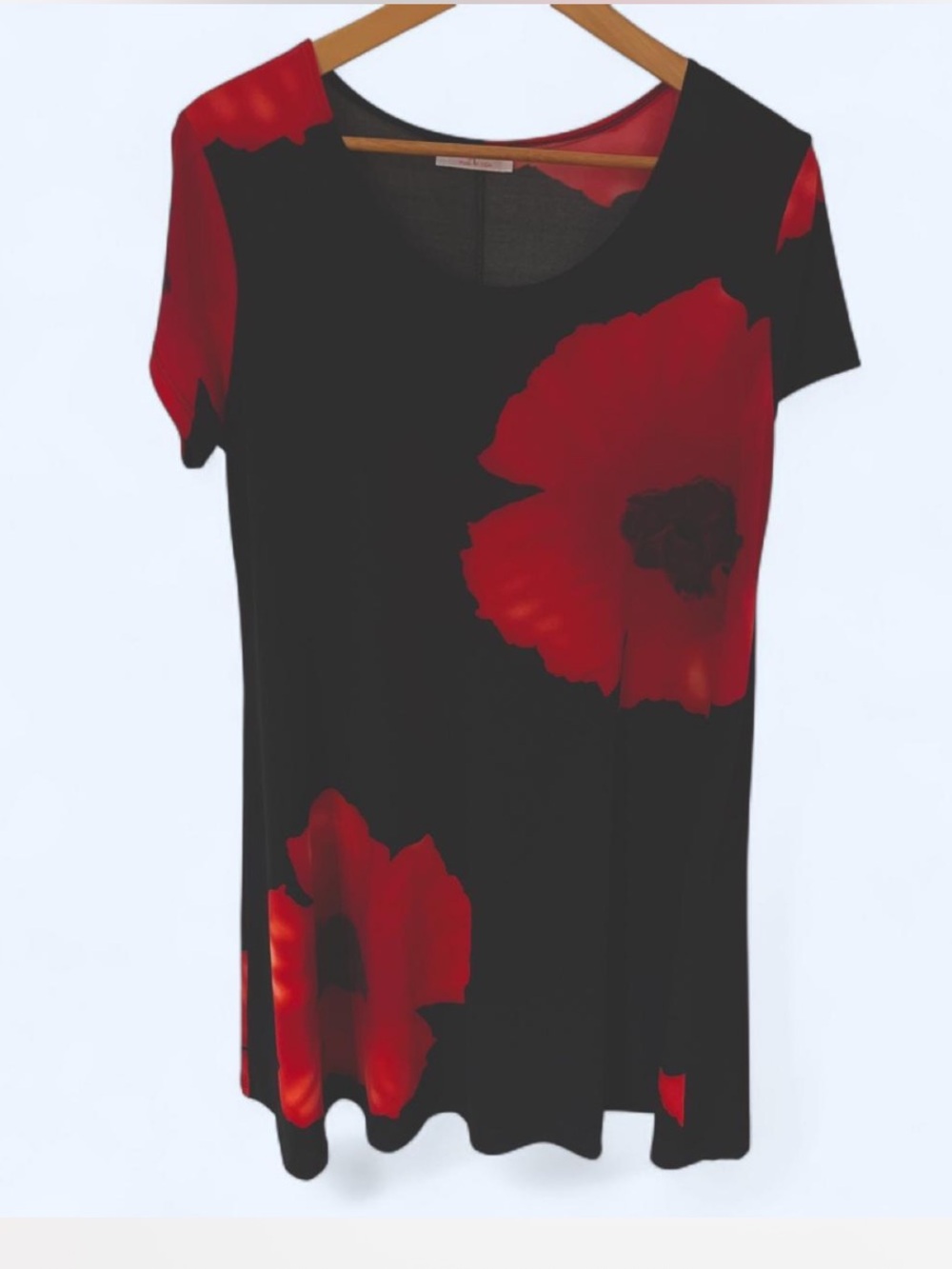 Women's Black Short-Sleeve Dress with Red Floral Print